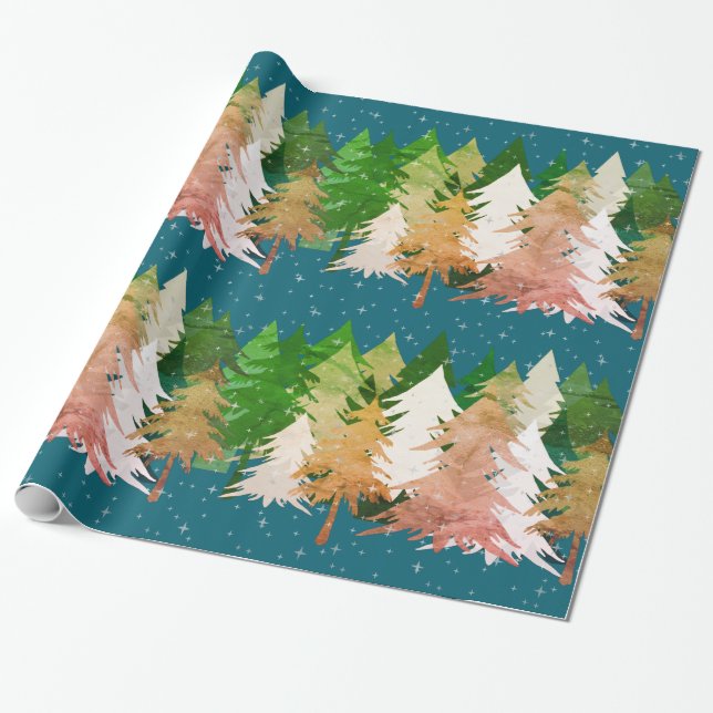 Grünrosa Weiße Weihnachtsbäume Sterne Schnee Aquam Geschenkpapier (Ungerollt)