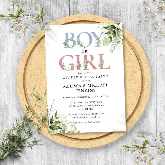 Grünschreiben von Jungen oder Mädchen — Party Einladung (Boy Or Girl Greenery Letter Gender Reveal Party Invitation)