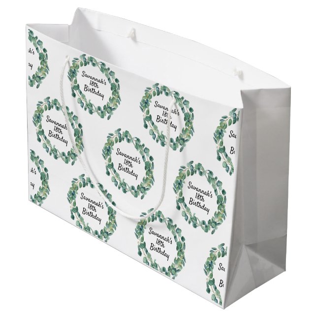 Grünschrift für Eukalyptusgrün Große Geschenktüte (Rückseite Schrägansicht)
