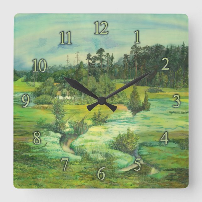 Grüntal-Malerei Wasserfarbe Quadratische Wanduhr (Vorderseite)