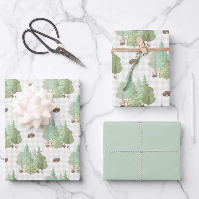 Grünwaldbäume Pilze Geschenkpapier Set (Vorderseite)
