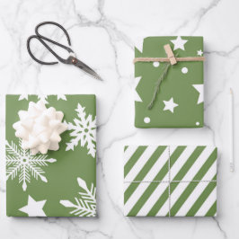 GRÜNWEISSE FERIENWOHNUNGEN SNOWFLAKES STARS STREIF GESCHENKPAPIER SET