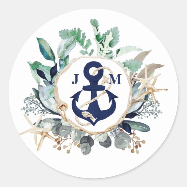 Grünwüstenhochzeit der Marine Anchor Monogram Runder Aufkleber (Vorderseite)