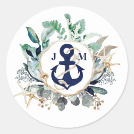 Grünwüstenhochzeit der Marine Anchor Monogram Runder Aufkleber