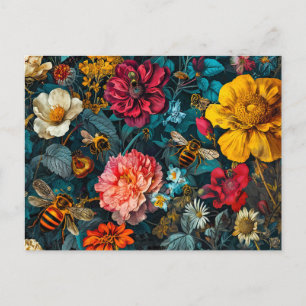 Gruppe der Honigbienen mit Zinnias, Rose und Daisi Postkarte