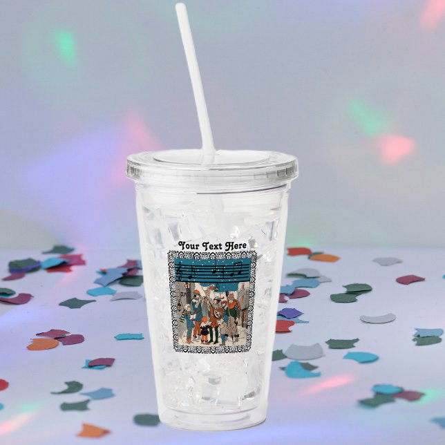 Gruppe der Künstler und Musiker an der Straßenecke Acryltrinkbecher (Christmas carolers and musicians on old time street corner bar of music notes on acrylic drink cup.)