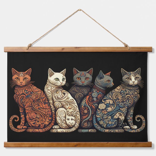 Gruppe Katzen im Viktorianischen Hintergrundstil Wandteppich Mit Holzrahmen (Vorne)