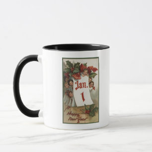 Gruppe Kinder, die hinter Kalender sich verstecken Tasse