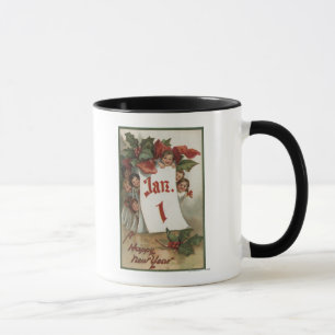 Gruppe Kinder, die hinter Kalender sich verstecken Tasse