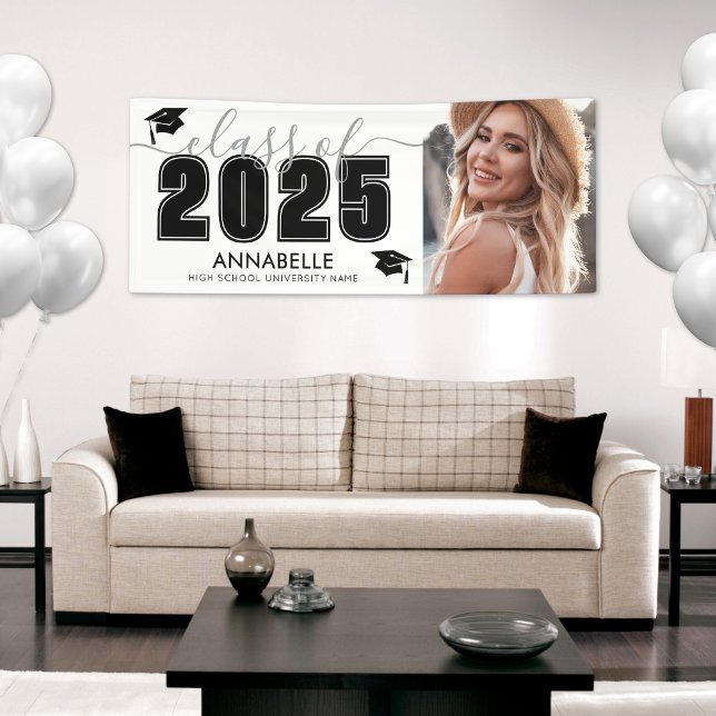 Gruppe "Schwarz-weißes Foto" 2025 Banner (Class Of 2025 Black White Photo Graduation Party Banner )