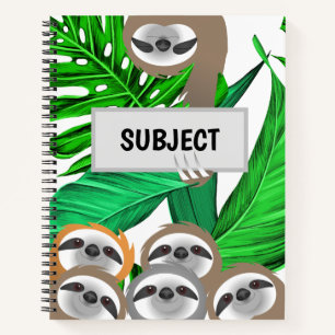 Gruppe von Dschungelfaultieren mit grünen Blättern Notizbuch