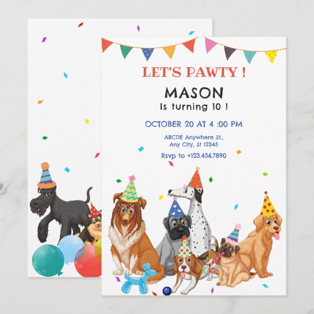Gruppe von Hunden Party Geburtstag Einladung (Vorne/Hinten)