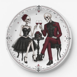 Grusel-Chic-Skelett-Paar-Halloween-Cocktail-T-Shir Pappteller