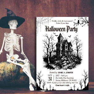 Grusel-Haus-Halloween-Party Schwarz Weiß Gothic Einladung