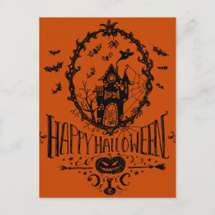 Grusel-Haus-Linienkunst Frohes Halloween Orange Postkarte