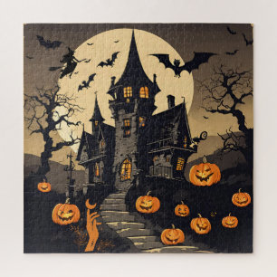 Grusel-Haus zu Halloween mit Kürbissen und Flederm
