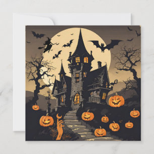 Grusel-Haus zum Vintage-Halloween, Kürbisse, Flede Feiertagskarte