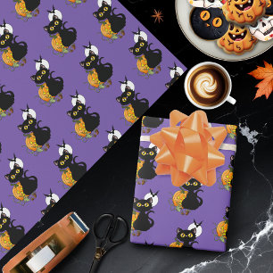 Gruselig lila süße schwarze Halloween-Kürbis-Katze Geschenkpapier