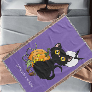 Gruselig lila süße schwarze Katze Halloween-Kürbis Decke