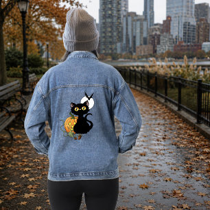 Gruselig lila süße schwarze Katze Halloween-Kürbis Jeansjacke