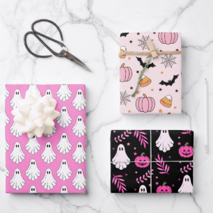 Gruselig süße Halloween-Rosa-&-Schwarz-Muster Geschenkpapier Set