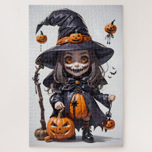 Gruselige animierte Halloween-Hexe, Kürbislaternen