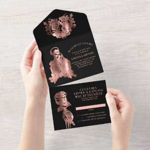 Gruselige Eleganz   Gothic Roségold Skelett Hochze All In One Einladung