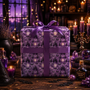 Gruselige Halloween-Fledermäuse Vollmond Lila Wald Geschenkpapier