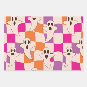 Gruselige Halloween-Geister auf Schachbrettmuster Geschenkpapier Set