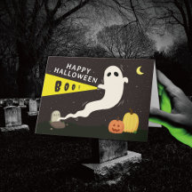 Gruselige Halloween-Grußkarte mit Geist und Tasche