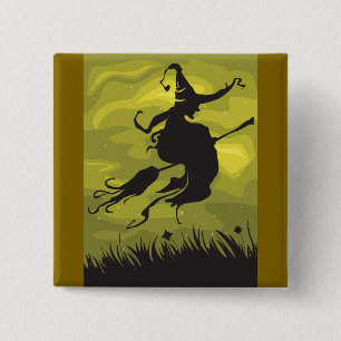 Gruselige Halloween-Hexe fliegt auf Besenstiel Button