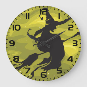 Gruselige Halloween-Hexe fliegt auf Besenstiel Große Wanduhr