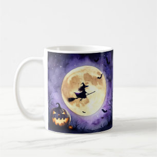 Gruselige Halloween-Hexe fliegt über Vollmond Kaffeetasse