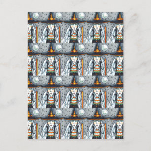 GRUSELIGE HALLOWEEN HEXE, TRÄGT SCHWARZEN KATZEN S POSTKARTE