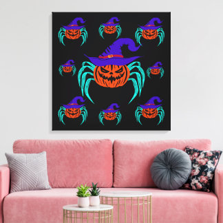 Gruselige Halloween-Kürbis-Spinne-und-Hexenhut-Kun Leinwanddruck