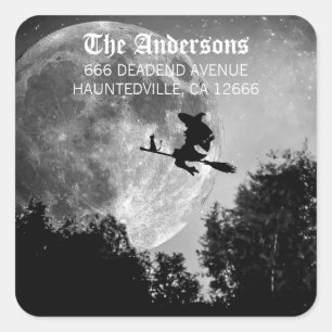 Gruselige Hexe auf Besen Vollmond Halloween Party Quadratischer Aufkleber