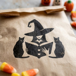 Gruselige Hexe liest Buch schwarze Katze Halloween Gummistempel