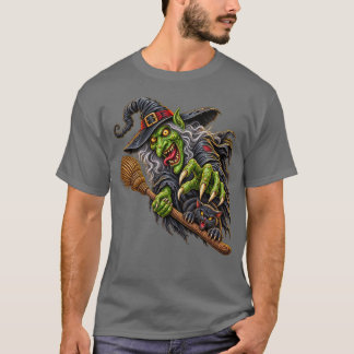 GRUSELIGE HEXE mit BESEN und SCHWARZE KATZE T-Shirt