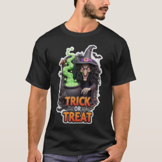 Gruselige Hexe mit brodelndem Kessel und Trick or T-Shirt