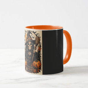 Gruselige Hexe, schwarze Katze und Kürbisse Hallow Tasse