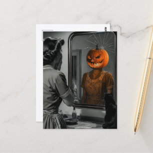 Gruselige Jack-o-Lantern-Frau und Katze Retro Postkarte