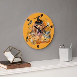 Gruselige Jahreszeit Kürbis Golden Retriever Hallo Große Wanduhr