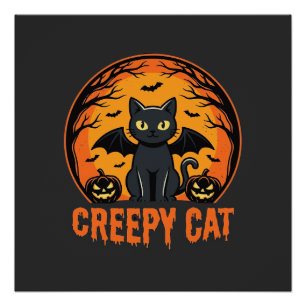 Gruselige Katze Halloween Fledermaus Mond Grafikde Poster