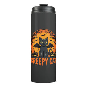 Gruselige Katze Halloween Fledermaus Mond Grafikde Thermosbecher