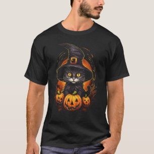 Gruselige Katze in Hexenhut mit Kürbissen Lustige T-Shirt
