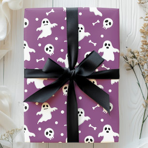 Gruselige lila Geister und Totenköpfe Halloween Geschenkpapier