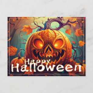 Gruselige orange Halloween-Kürbis mit Gesicht Feiertagspostkarte