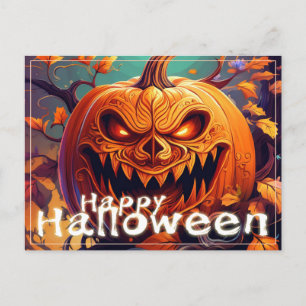 Gruselige orange Halloween-Kürbis mit Gesicht Feiertagspostkarte