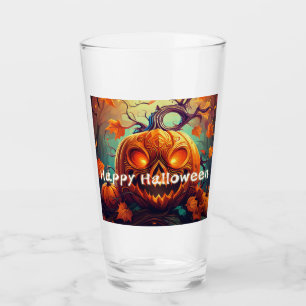 Gruselige orange Halloween-Kürbis mit Gesicht Glas