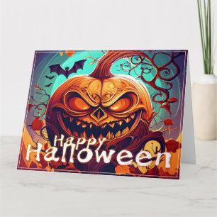 Gruselige orange Halloween-Kürbis mit Gesicht Karte